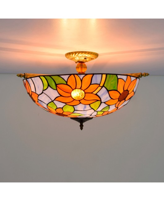 55CM European Tiffany Colored Glass Living Room Dining Room Bar Bedroom Art Semi Ceiling Light Blue Sunflower