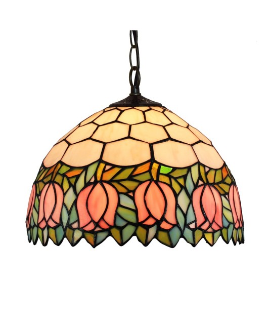 Europa Tiffany Glass Lamp Countryside Colored Glass Art Bar Restaurant Pink Tulip Pendant 12 inches