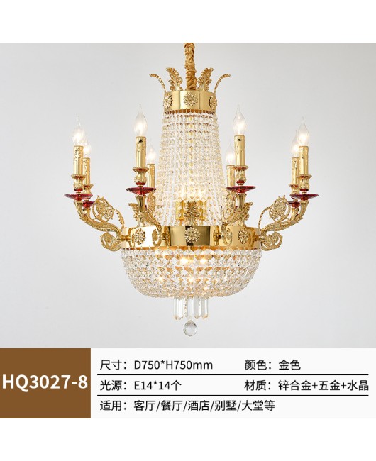 2024 New French Villa Living Room Zinc Alloy Crystal Pendant European Luxury Dining Room Bedroom Golden Light Fixture