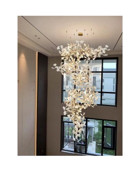 Duplex building with large chandelier, loft staircase light, luxury villa with elevated ceiling, living room, lobby, sales department, ginkgo leaf light