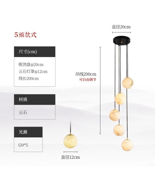 Duplex staircase light, marble long pendant light, new Chinese style minimalist rotating staircase light, Nordic duplex villa living room light