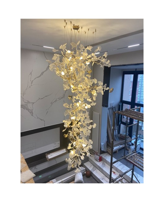 Duplex building with large chandelier, loft staircase light, luxury villa with elevated ceiling, living room, lobby, sales department, ginkgo leaf light