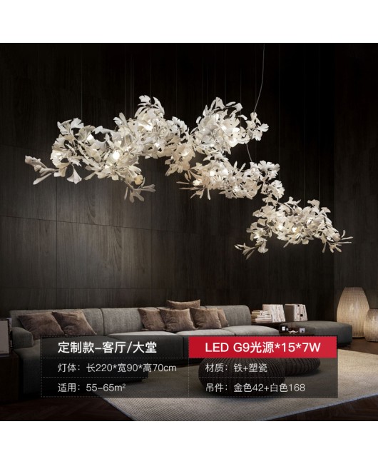 Duplex building with large chandelier, loft staircase light, luxury villa with elevated ceiling, living room, lobby, sales department, ginkgo leaf light