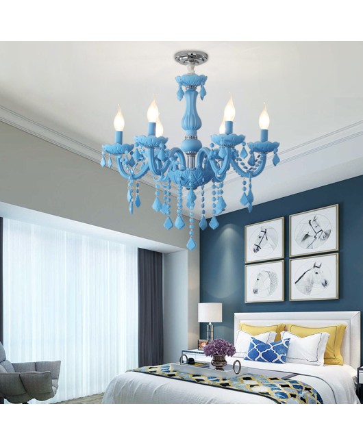 Blue pendant light, European style living room crystal light, bedroom internet cafe light, Nordic macaron creative coffee shop restaurant lighting