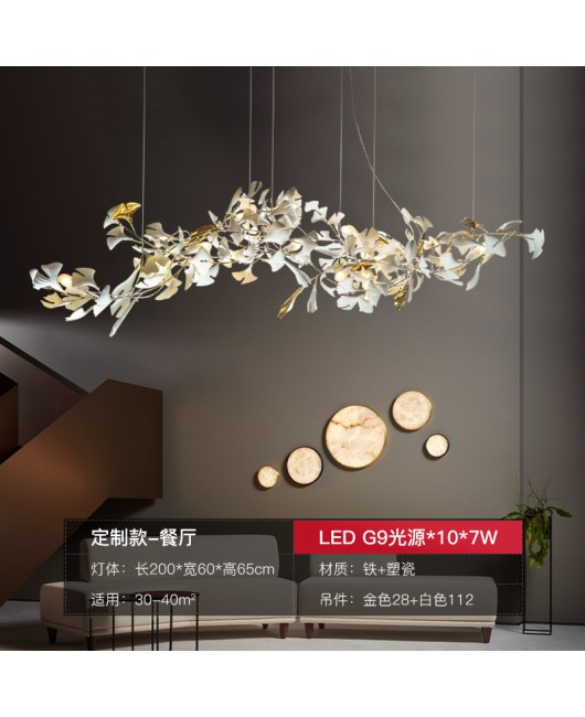 Duplex building with large chandelier, loft staircase light, luxury villa with elevated ceiling, living room, lobby, sales department, ginkgo leaf light