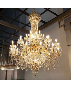 European style villa living room crystal chandelier duplex building hollow iron pendant light golden atmospheric hotel engineering lighting fixtures