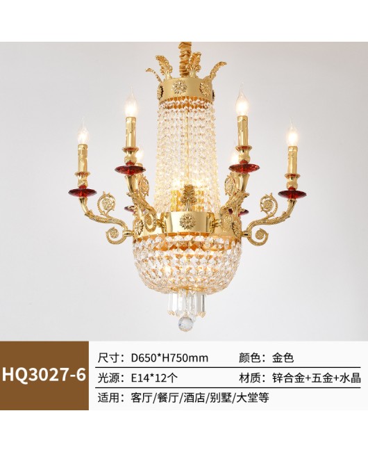 2024 New French Villa Living Room Zinc Alloy Crystal Pendant European Luxury Dining Room Bedroom Golden Light Fixture