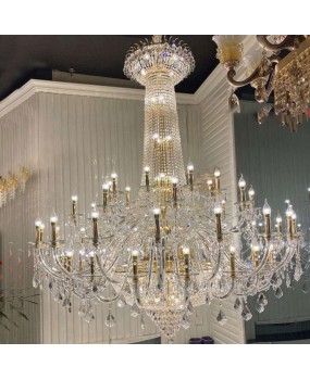 European style living room, large chandelier, hotel club lobby, crystal lamp, villa lobby lamp, staircase, atmospheric wrought iron lighting fixture