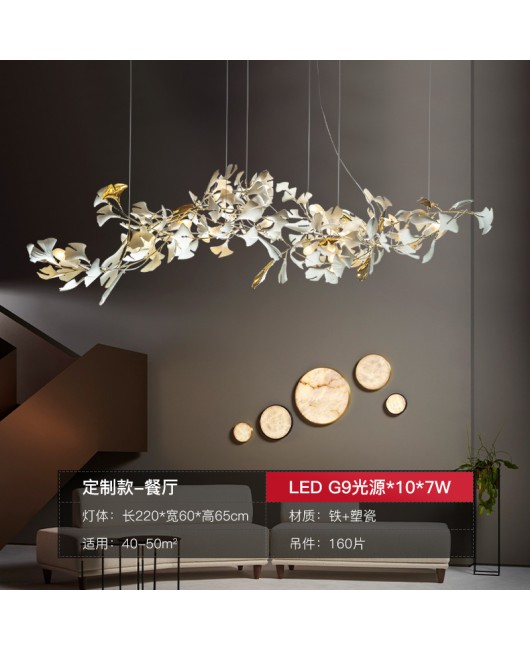 Duplex building with large chandelier, loft staircase light, luxury villa with elevated ceiling, living room, lobby, sales department, ginkgo leaf light