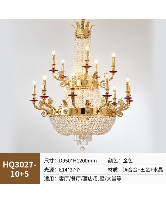 2024 New French Villa Living Room Zinc Alloy Crystal Pendant European Luxury Dining Room Bedroom Golden Light Fixture