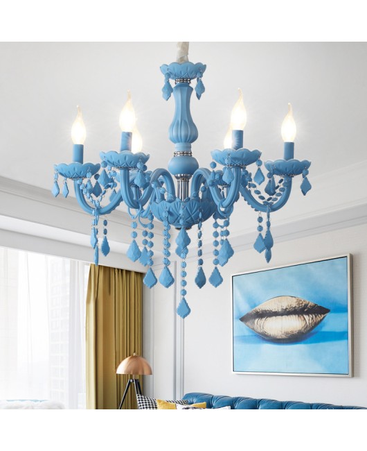 Blue pendant light, European style living room crystal light, bedroom internet cafe light, Nordic macaron creative coffee shop restaurant lighting