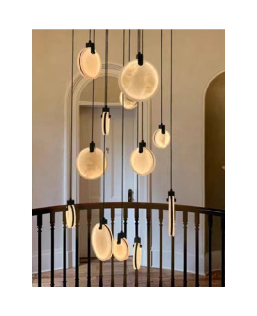 Duplex staircase pendant light, rotating long line light, all copper marble round piece, simple and luxurious villa, tall living room light