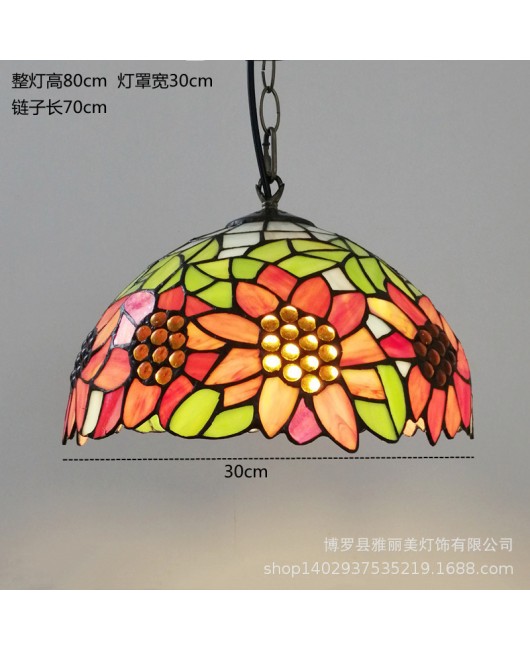 A creative restaurant light with iron hanging decoration, Tiffany colored countryside sunflower single head glass pendant light