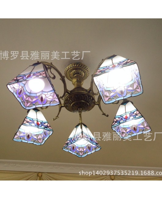 Manufacturer wholesale simple European style small-sized living room, bedroom, study, Tiffany glass iron art square multi head ceiling light