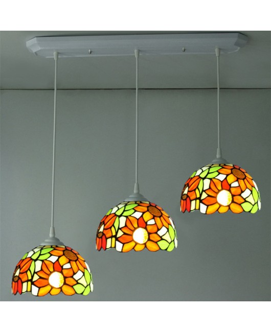 Sunflower Restaurant Pendant New Promotion Warm Tiffany Countryside Flower Creative Glass Three Head Dining Pendant