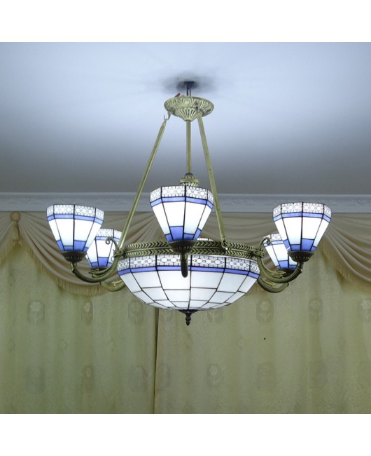 Discounted wholesale European Tiffany glass living room chandelier bar villa coffee shop hall 6+1 multi head chandelier