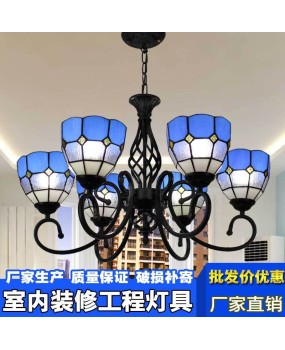 Supply European style wrought iron bedroom, living room, ceiling light, dining room, 3-head glass blue European style hotel room pendant light