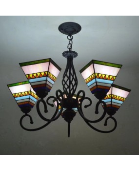 Tiffany Glass Nordic Style Hall Multi Head Pendant Mediterranean Restaurant Bedroom Cafe Black Iron