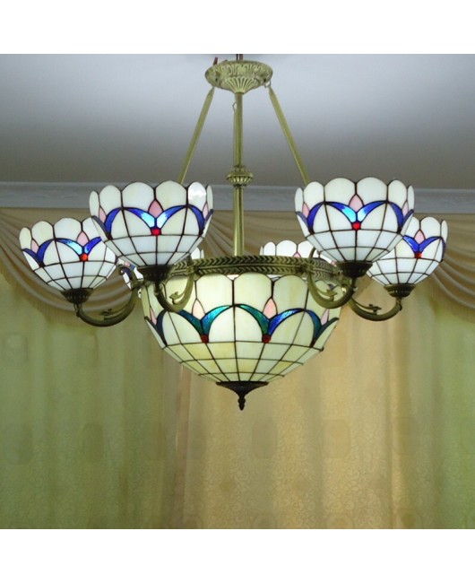 Discounted wholesale European Tiffany glass living room chandelier bar villa coffee shop hall 6+1 multi head chandelier