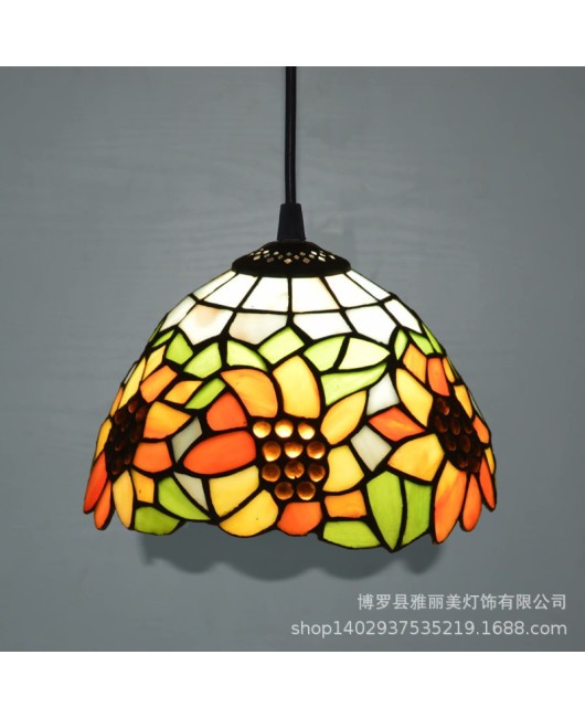 A creative restaurant light with iron hanging decoration, Tiffany colored countryside sunflower single head glass pendant light