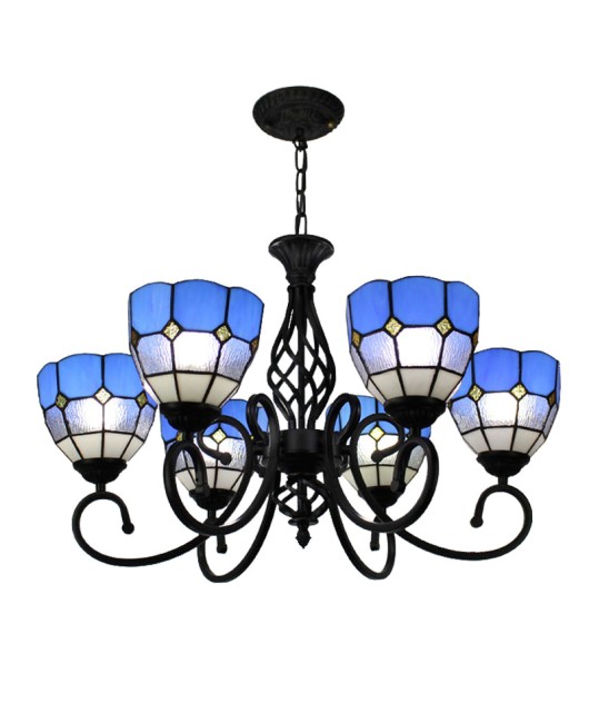 Supply European style wrought iron bedroom, living room, ceiling light, dining room, 3-head glass blue European style hotel room pendant light