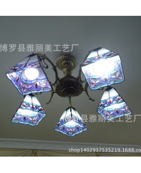 Manufacturer wholesale simple European style small-sized living room, bedroom, study, Tiffany glass iron art square multi head ceiling light