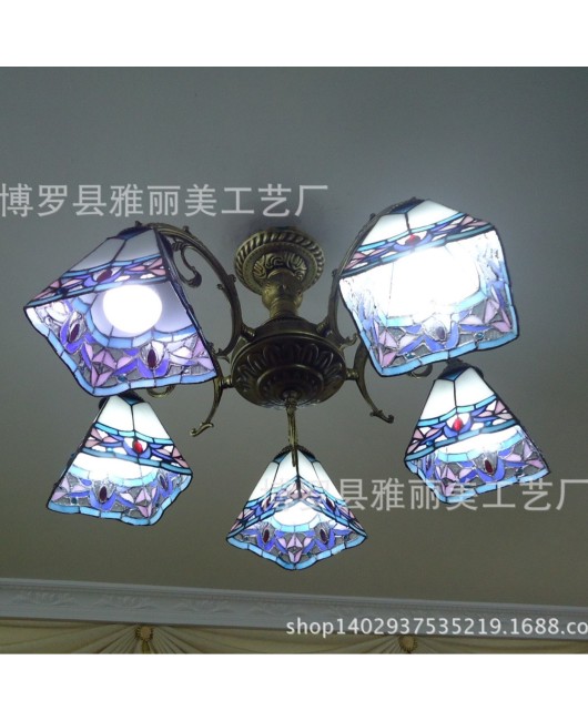 Manufacturer wholesale simple European style small-sized living room, bedroom, study, Tiffany glass iron art square multi head ceiling light