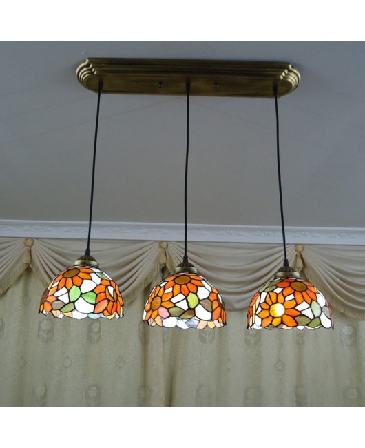 Sunflower Restaurant Pendant New Promotion Warm Tiffany Countryside Flower Creative Glass Three Head Dining Pendant