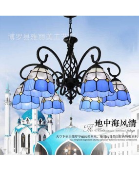 Supply European style wrought iron bedroom, living room, ceiling light, dining room, 3-head glass blue European style hotel room pendant light