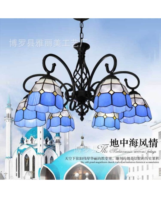 Supply European style wrought iron bedroom, living room, ceiling light, dining room, 3-head glass blue European style hotel room pendant light