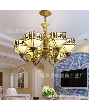 Tiffany Chandelier Colored Glass Iron Mediterranean Deer Lighting Hotel Engineering Decoration Lighting Manufacturer Direct Sales