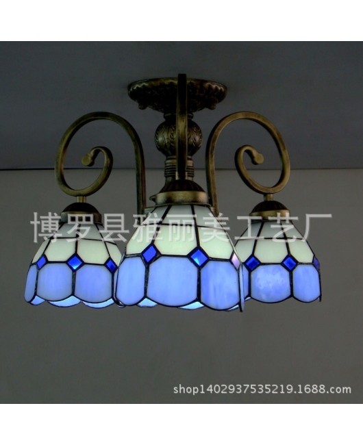 Wholesale Mediterranean Lighting Restaurant Three Head Pendant One Piece Hair Replacement Blue and White Grid Restaurant Creative Iron Pendant