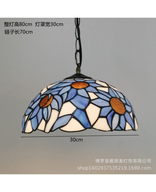 A creative restaurant light with iron hanging decoration, Tiffany colored countryside sunflower single head glass pendant light