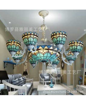 Tiffany Glass Iron Art Living Room Ceiling Light Mediterranean Style Bedroom Study Pendant Light One Piece dropshipping