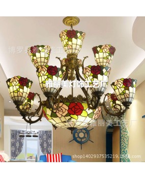 Factory direct sales of LED Mediterranean Tiffany pendant light, iron art living room countryside pendant light, factory direct sales, one piece dropshipping