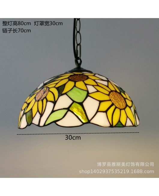 A creative restaurant light with iron hanging decoration, Tiffany colored countryside sunflower single head glass pendant light