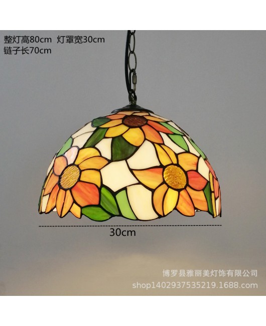 A creative restaurant light with iron hanging decoration, Tiffany colored countryside sunflower single head glass pendant light