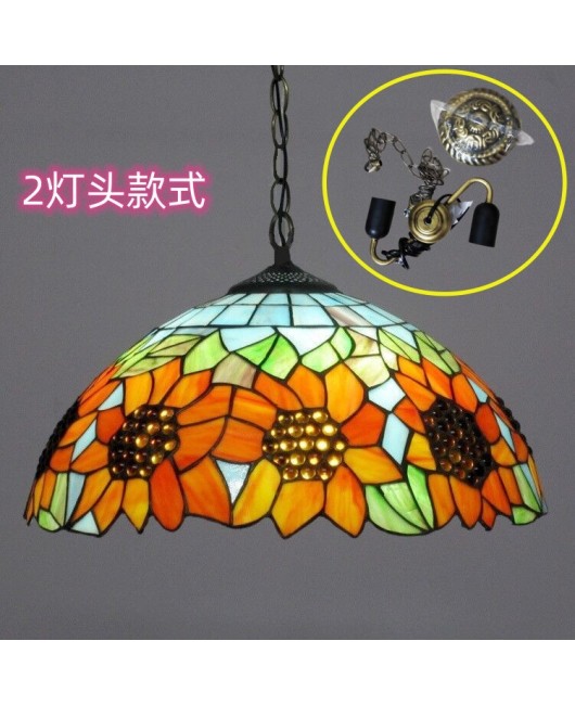 A creative restaurant light with iron hanging decoration, Tiffany colored countryside sunflower single head glass pendant light