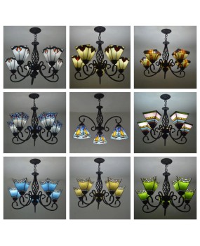 European and American style living room, bedroom, dining room, multi head wrought iron colored glass, Tiffany internet famous Nordic decorative LED pendant light