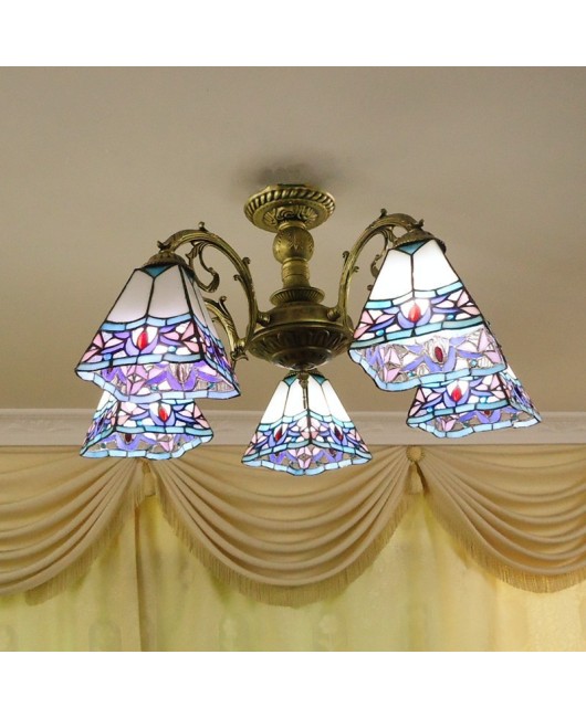 Manufacturer wholesale simple European style small-sized living room, bedroom, study, Tiffany glass iron art square multi head ceiling light