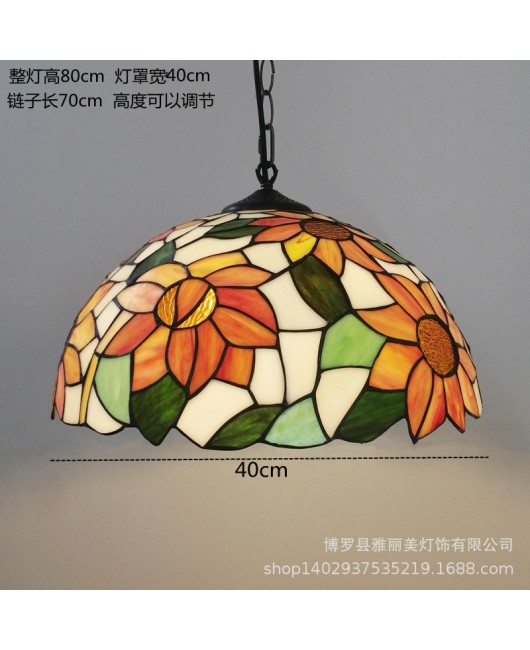 A creative restaurant light with iron hanging decoration, Tiffany colored countryside sunflower single head glass pendant light