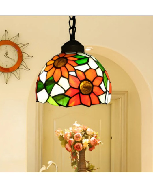 A creative restaurant light with iron hanging decoration, Tiffany colored countryside sunflower single head glass pendant light