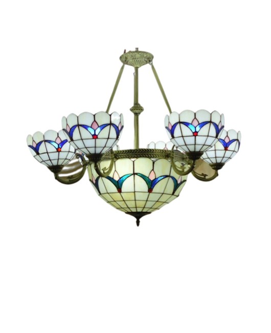 Discounted wholesale European Tiffany glass living room chandelier bar villa coffee shop hall 6+1 multi head chandelier