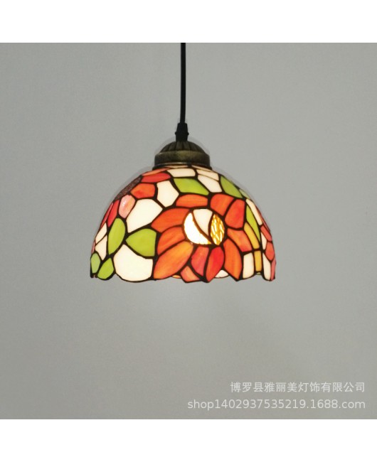 A creative restaurant light with iron hanging decoration, Tiffany colored countryside sunflower single head glass pendant light