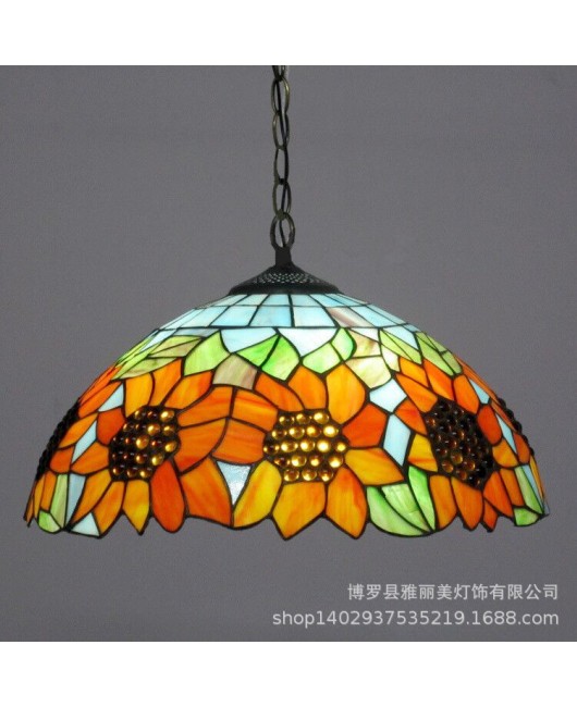 A creative restaurant light with iron hanging decoration, Tiffany colored countryside sunflower single head glass pendant light