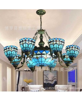 Tiffany Glass Iron Art Living Room Ceiling Light Mediterranean Style Bedroom Study Pendant Light One Piece dropshipping