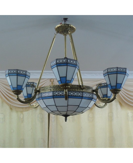 Discounted wholesale European Tiffany glass living room chandelier bar villa coffee shop hall 6+1 multi head chandelier