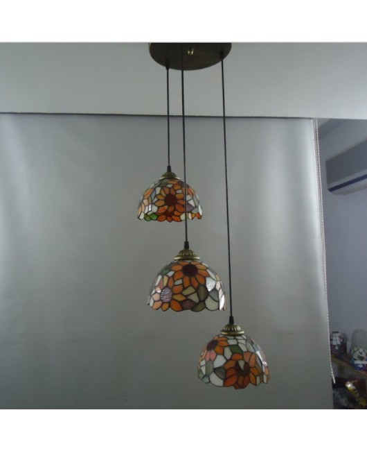 Sunflower Restaurant Pendant New Promotion Warm Tiffany Countryside Flower Creative Glass Three Head Dining Pendant