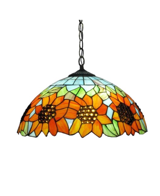 A creative restaurant light with iron hanging decoration, Tiffany colored countryside sunflower single head glass pendant light