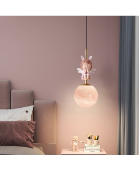 Children's room bedside pendant light cute modern simple Nordic pink bedroom children's room angel planet LED pendant light